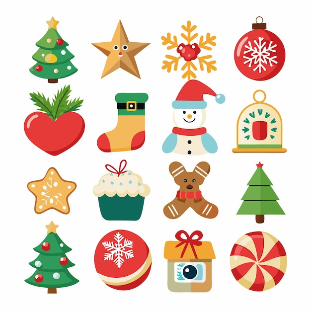 Iconos navideños en estilo de dibujos animados planos