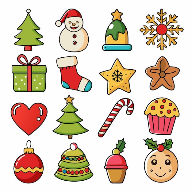 Iconos navideños en estilo de dibujos animados planos