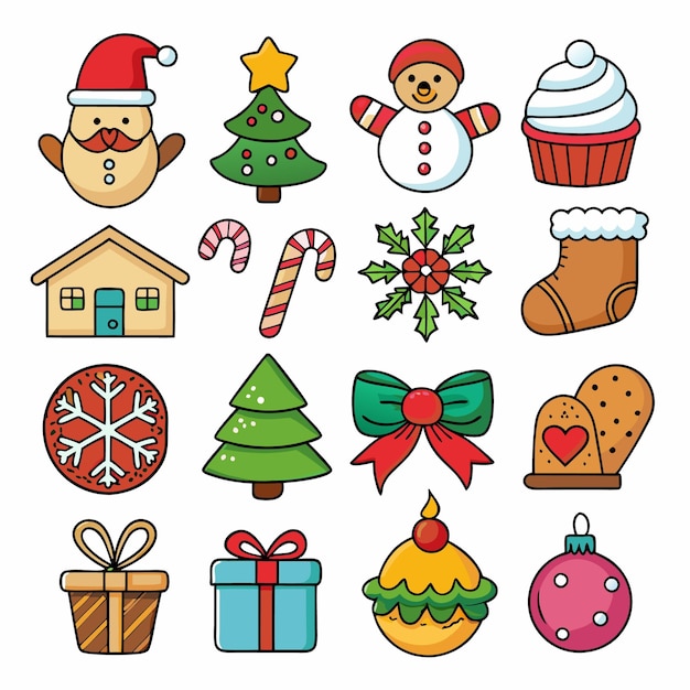 Iconos navideños en estilo de dibujos animados planos