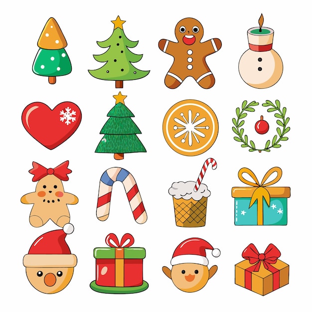 Iconos navideños en estilo de dibujos animados planos