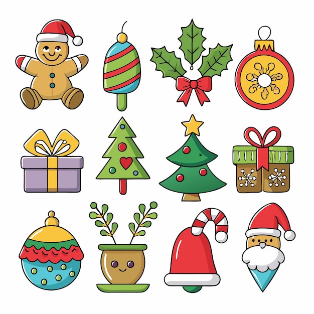 Iconos navideños en estilo de dibujos animados planos