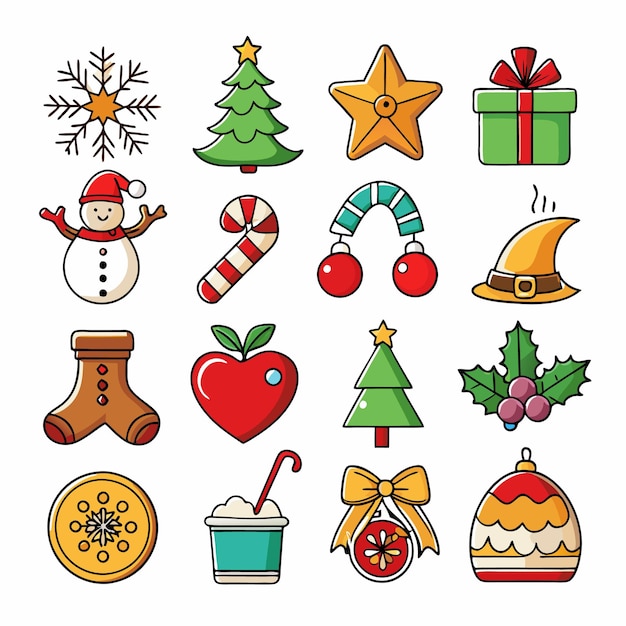 Iconos navideños en estilo de dibujos animados planos