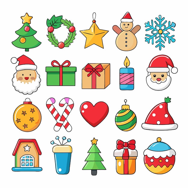 Iconos navideños en estilo de dibujos animados planos