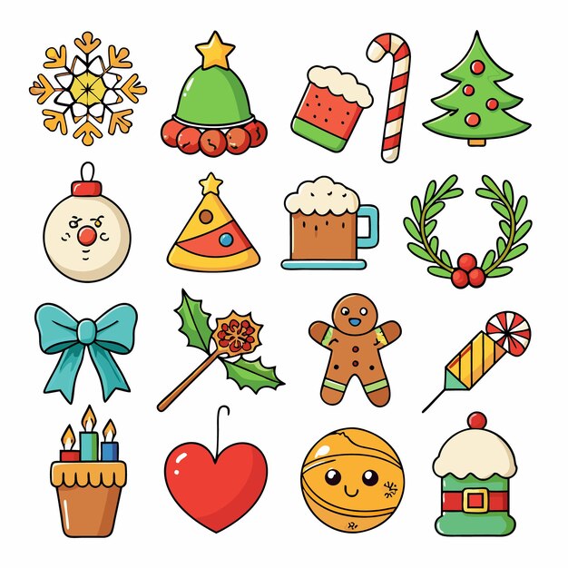 Iconos navideños en estilo de dibujos animados planos