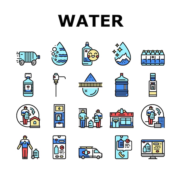 Iconos de negocio de servicio de entrega de agua Set Vector