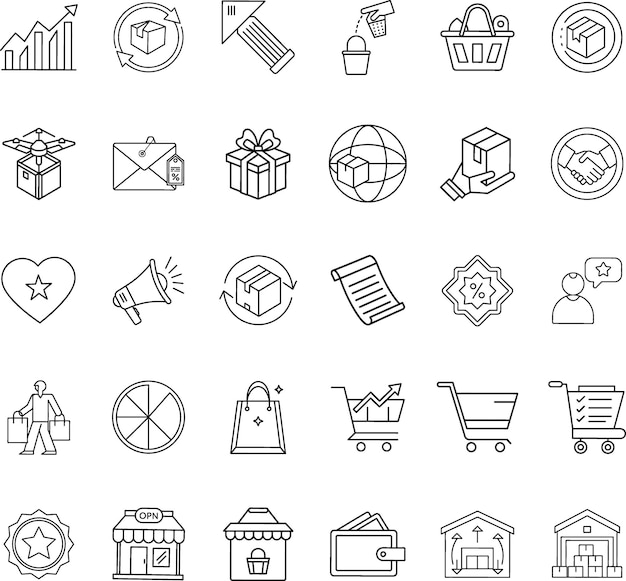 Iconos de negocios de comercio electrónico Ventas Entregas Compras y logística