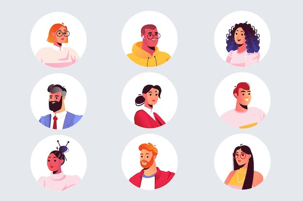 Iconos de negocios en el estilo de dibujos animados planos Imágenes de avatares de hombres y mujeres de negocios