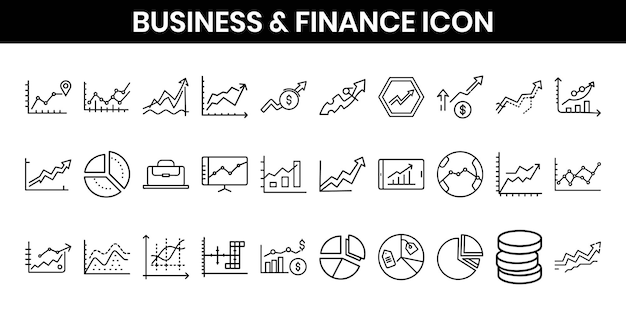 Iconos de negocios y finanzas Gráficos gráficos maletas monedas billeteras flechas de crecimiento