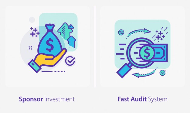 Iconos de negocios y finanzas, inversión de patrocinador, sistema de auditoría rápida