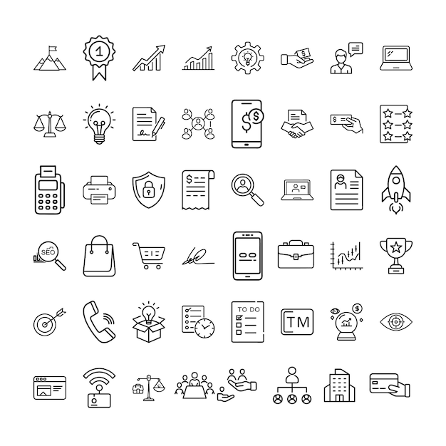 Iconos de negocios y finanzas con varios símbolos y elementos en un estilo doodle