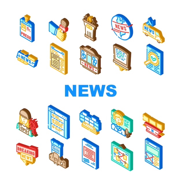 Los iconos de negocios de pantalla de medios de noticias establecen vector digital tecnología de información en línea rompiendo televisión prensa mundo internet noticias diarias pantalla de medios negocios ilustraciones de signos isométricos