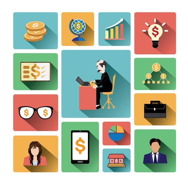 Iconos de negocios planos modernos con efecto de sombra larga