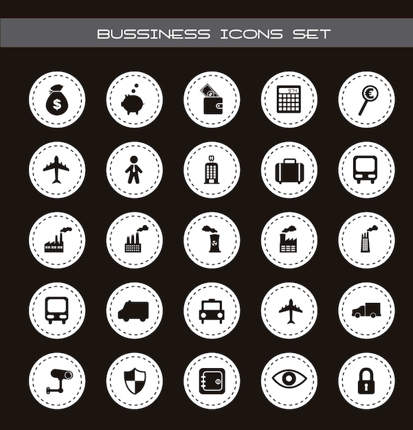 Iconos de negocios y transporte sobre vector de fondo negro