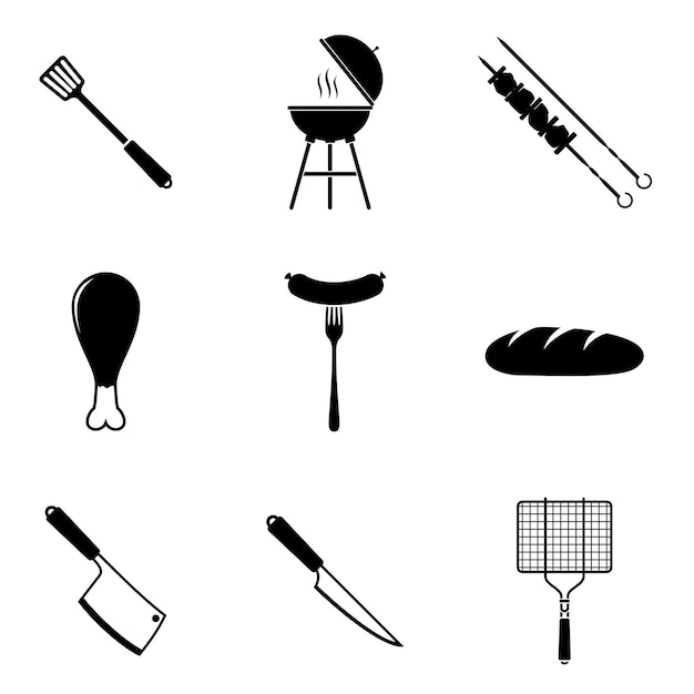 Iconos negros de barbacoa parrilla barbacoa carne productos para la cena en casa brocheta parrilla vector de equipo de cocina