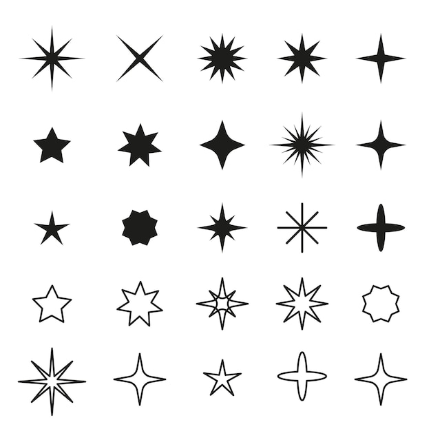 Vector iconos negros de diferentes formas de estrellas aisladas sobre fondo blanco