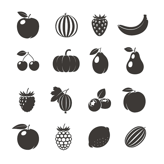 Iconos negros de frutas. iconos de diferentes frutas. ilustración