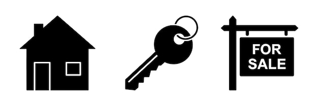 Iconos negros de la llave de la casa y el letrero de venta que representan bienes raíces y ventas de viviendas