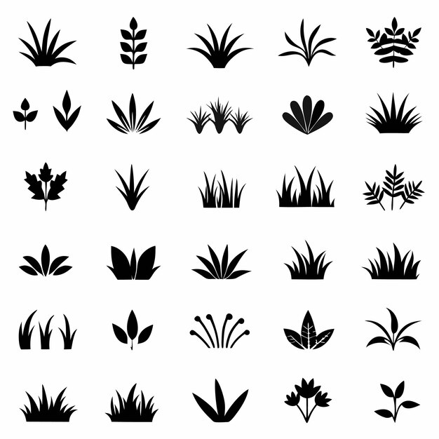 Iconos negros minimalistas de hojas de hierba y plantas en diseño plano gráficos vectoriales dibujo con tinta