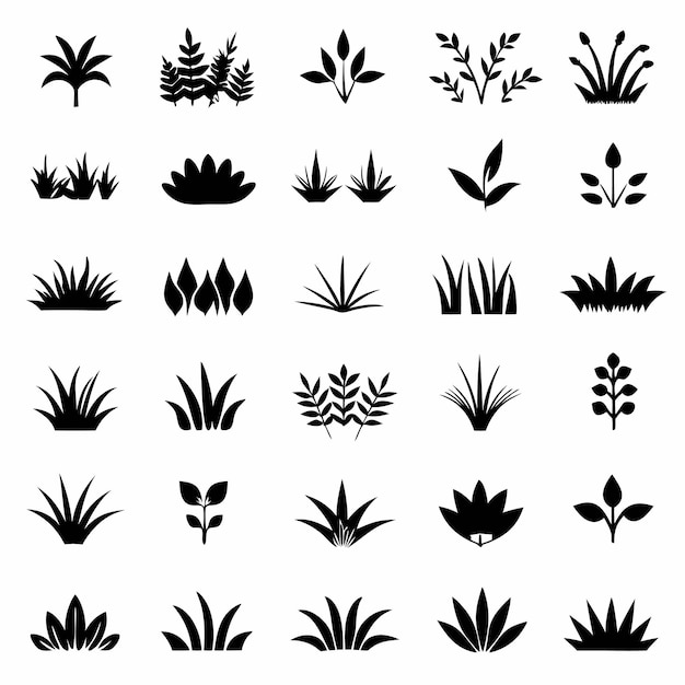 Iconos negros minimalistas de hojas de hierba y plantas en diseño plano gráficos vectoriales dibujo con tinta
