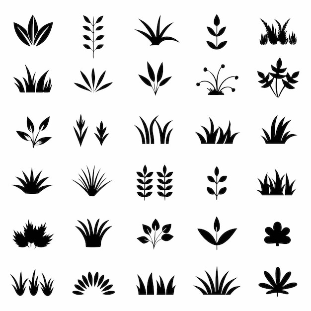 Iconos negros minimalistas de hojas de hierba y plantas en diseño plano gráficos vectoriales dibujo con tinta