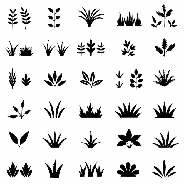 Iconos negros minimalistas de hojas de hierba y plantas en diseño plano gráficos vectoriales dibujo con tinta