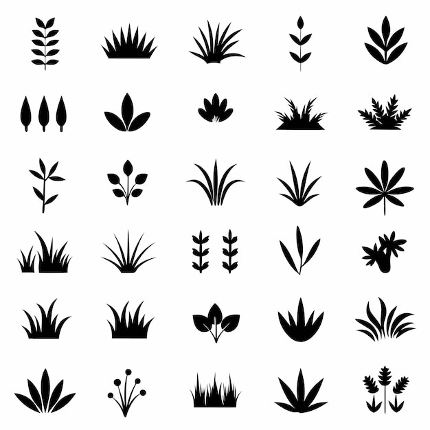 Iconos negros minimalistas de hojas de hierba y plantas en diseño plano gráficos vectoriales dibujo con tinta