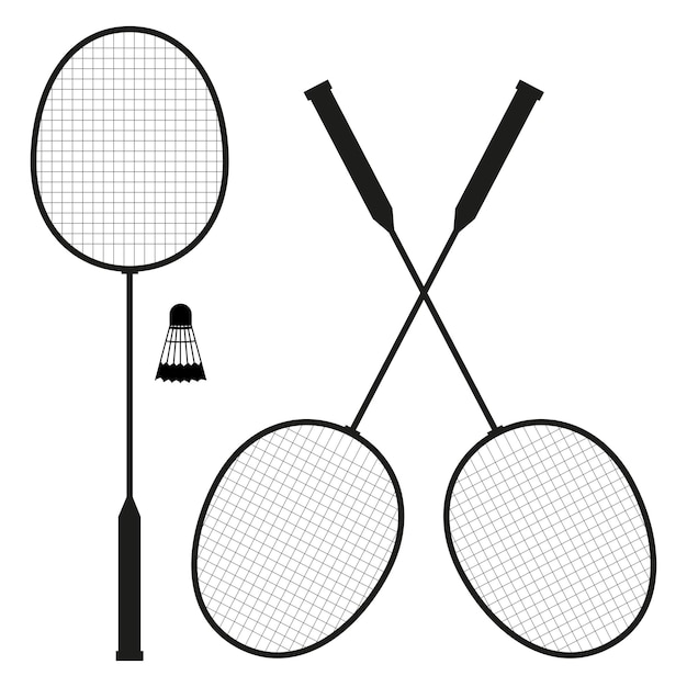 Iconos negros de raquetas deportivas de bádminton y volante.