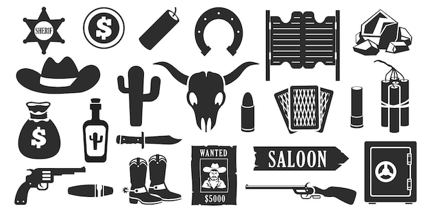 Iconos negros del salvaje oeste Siluetas de vaquero americano occidental con cactus guitarra dinamita bandido revólver elementos de diseño monocromático simple Conjunto de vectores