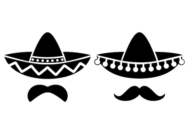 Vector iconos negros del sombrero mexicano símbolo de bigote plano aislado en la ilustración del vector blanco