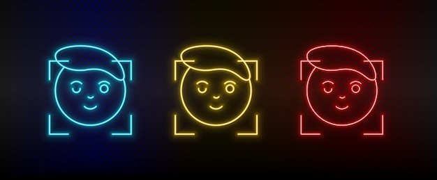 Iconos de neón análisis tecnología facial inteligente Conjunto de icono de vector de neón amarillo azul rojo sobre fondo oscuro