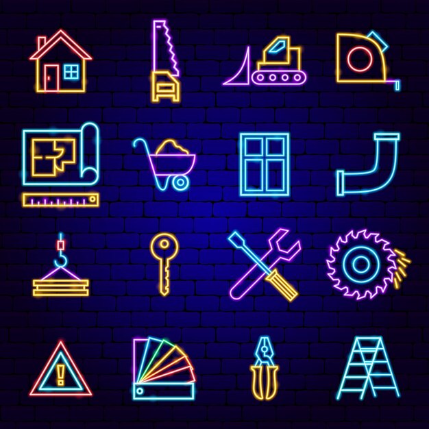 Iconos de neón de construcción Ilustración vectorial de promoción de edificios