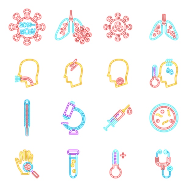 Iconos de neón del coronavirus aislados