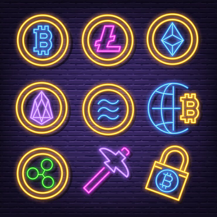 Vector iconos de neón de criptomoneda