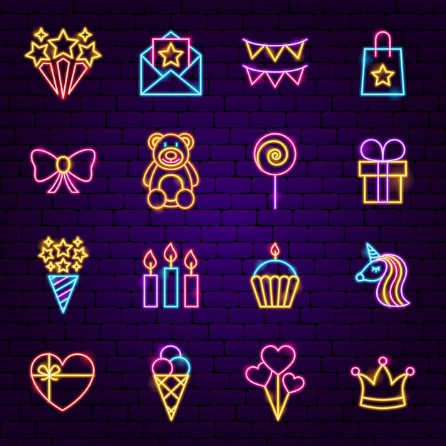 Iconos de neón de cumpleaños. Ilustración de vector de promoción de fiestas.