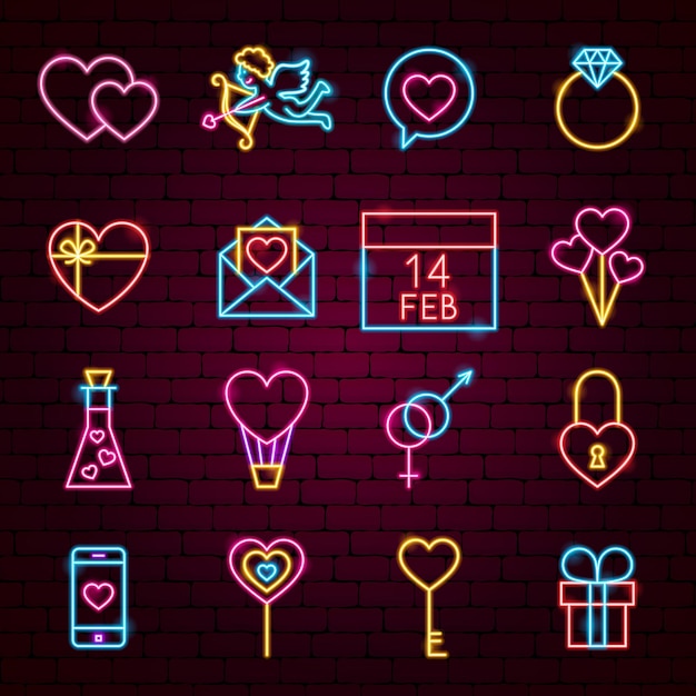 Iconos de neón del día de San Valentín. Ilustración de vector de promoción del amor.