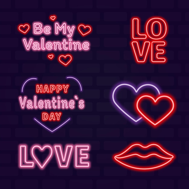 Iconos de neón para el día de san valentín