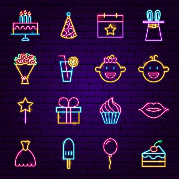 Iconos de neón de feliz cumpleaños. ilustración de vector de promoción de fiestas.