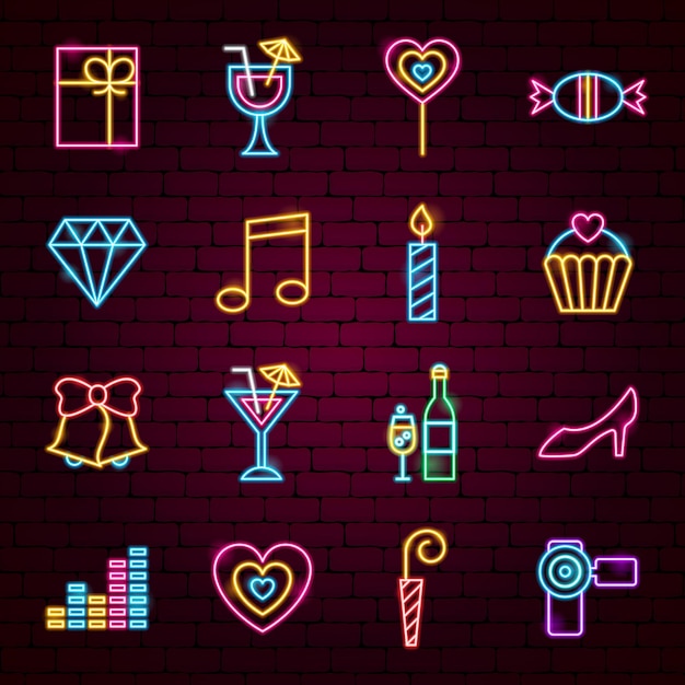 Iconos de neón de fiesta. ilustración de vector de promoción de celebración.