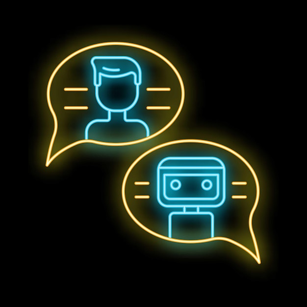 Iconos de neón de hombre y robot charlando en burbujas de habla
