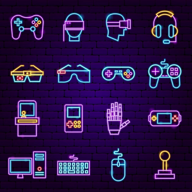 Iconos de neón del juego cibernético. ilustración de vector de promoción informática.