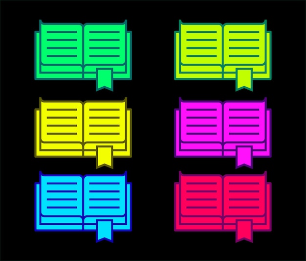 Iconos de neón del libro Silueta de libro de texto en colores brillantes Letrero de libro de neón brillante Conjunto de iconos vectoriales