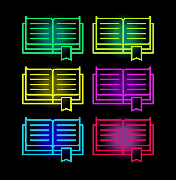 Iconos de neón del libro Silueta de libro de texto en colores brillantes Letrero de libro de neón brillante Conjunto de iconos vectoriales