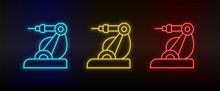 Vector iconos de neón mano brazo robótico láser conjunto de icono de vector de neón amarillo azul rojo sobre fondo oscuro