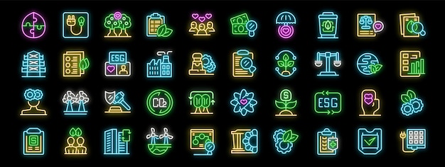 Iconos de neón que representan los criterios ambientales, sociales y de gobierno.