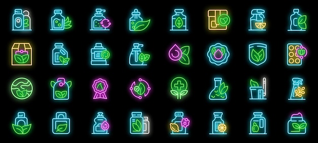 Iconos de neón que representan productos ecológicos y envases que promueven la sostenibilidad