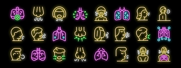 Iconos de neón que representan la respiración del sistema respiratorio y la salud de los pulmones