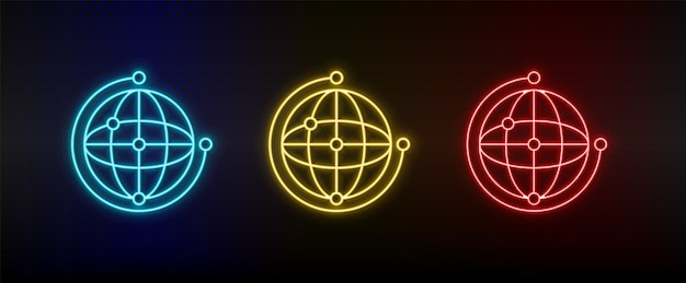 Iconos de neón red global Conjunto de icono vectorial de neón rojo azul amarillo en fondo oscuro