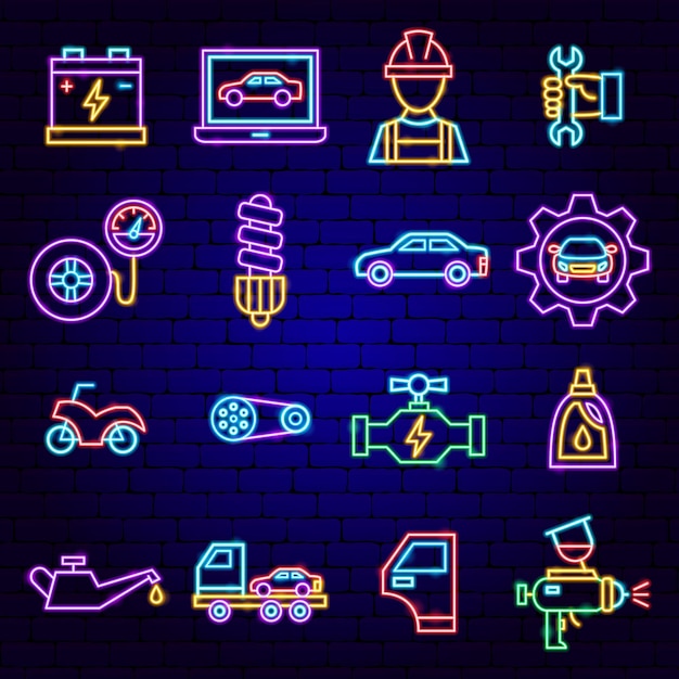Iconos de neón de reparación de automóviles Ilustración vectorial de promoción de automóviles