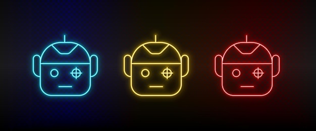 Iconos de neón robot escaneando seguridad inteligente Conjunto de icono de vector de neón amarillo azul rojo sobre fondo oscuro