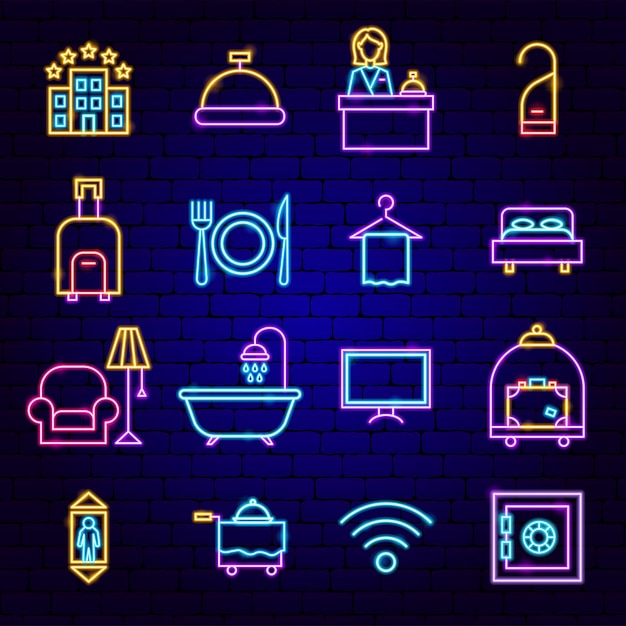 Iconos de neón de servicios de hotel. Ilustración de vector de promoción empresarial.